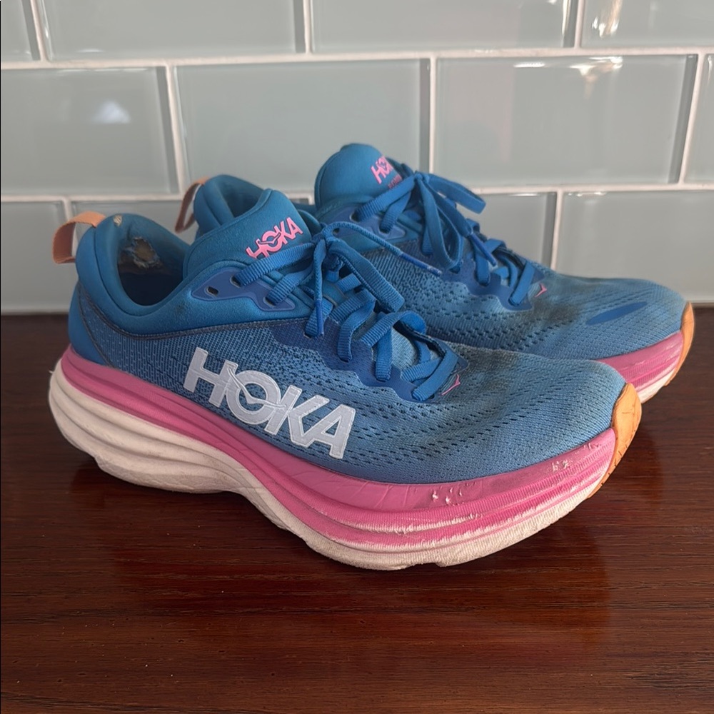 Hoka Women's Blue and Pink Athletic Shoes — Bondi 8 Size 8